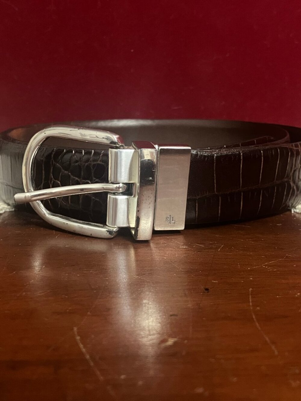 Ralph Lauren Dark Brown Croc-Embossed Leather Belt with Silver Buckle